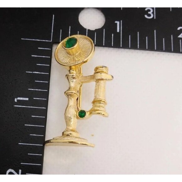 Vintage Gold-Toned Old Fashioned Rotary Telephone Brooch With Green Rhinestones - Picture 11 of 11